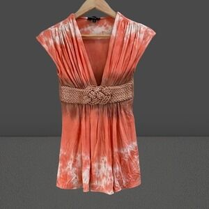 NEW Sky Tie Dye Tunic Top Coral Orange Braided Belt V-Neck Sleeveless Small